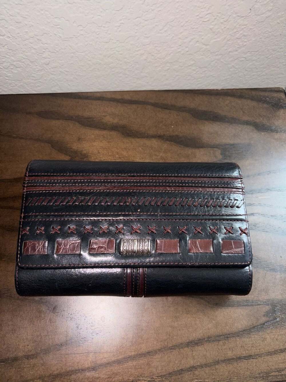 Brighton Leather Wallet Black & Brown  w/ Metal Accents
